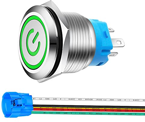 Gebildet 0,87''/22mm Edelstahl Druckknopfschalter 12V-24V 5A Betriebssymbol LED 1NO1NC SPDT An Aus Wasserdichter Kippschalter mit Kabelbuchse Stecker (Grün LED)