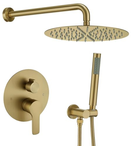 Iriber Brushed Gold Shower System Wall Mounted Shower Faucet Mixer Set with 12 Inches Rain Shower head and Handheld, Bathroom Modern Rainfall Shower Trim Kit (Contain Valve Cartridge)