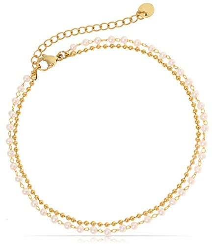 Made by Nami Edelstahl Damen Fußkettchen mit starkem Karabiner-Verschluss - verschiedene Designs - Frauen Fußkette Gold oder Silber - Mädchen Fußschmuck - Geschenk für Sie (Gold) (Gold Double Beads)