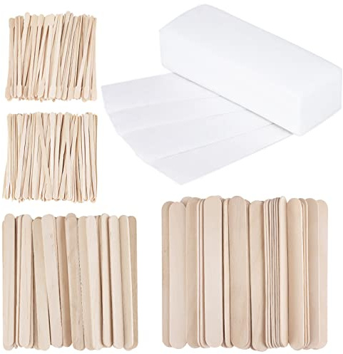 400Pcs Wachsstreifen Sticks Kit, HAOTIAN-X 300 Klein Mittel Groß Holz Wachsapplikator Sticks Augenbraue Wachs Spatel und 100 Vlies-Papier Wachsstreifen für Gesicht Körper Haarentfernung Frauen