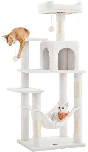 Feandrea Kratzbaum, 137,7 cm hoch, mehrstöckiges Katzenhaus | Katzenbaum, mit 4 Kratzsäulen, 2 Plattformen, Hängematte, Höhle, cremeweiß, CLAWFY Kollektion PCT161T01