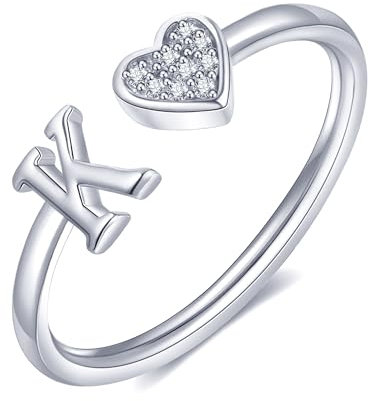 FUNEIA Herz Ring mit Buchstaben Damen Frauen Gold Silber Rosegold Verstellbarer Initiale A-Z Zirkonia Fingerring Stapelring Wasserfest Buchstabering Schmuck Mädchen Geschenkbox