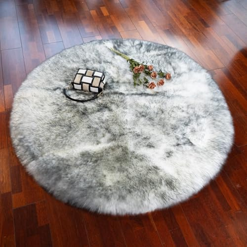 LLB Genuine Sheepskin Rug Plush Soft Throw Area Rug Fur Carpet Fluffy Shaggy Sheepskin Rug for Living Room Kids Bedroom Luxury Home Decor Rectangle (Snow Grey, Round 48'')