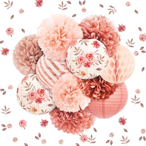 NICROLANDEE Hochzeitsdekorationen, 12 Stück rotgoldene Papierlaternen, Seidenpapier-Pompons, Konfetti-Dekoration für Brautparty, Junggesellinnenabschied, Valentinstag, Party, Roségold, Rosa, Mädchen,