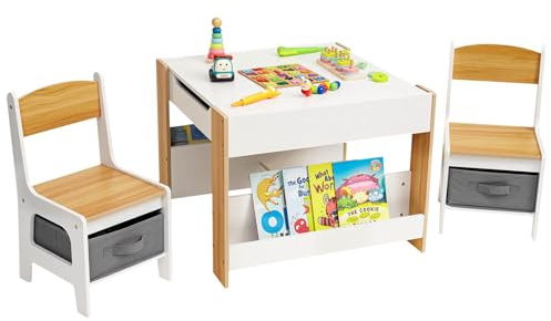 Yorbay Kindertisch mit 2 Stühle, Kindermöbel Set aus Holz mit Stauraum und Bücherregalen, 3 in 1 Maltisch & Aktivitätstisch & Tafeltisch, Kinderzimmer, Spielzimmer, Vorschüler (Natur)