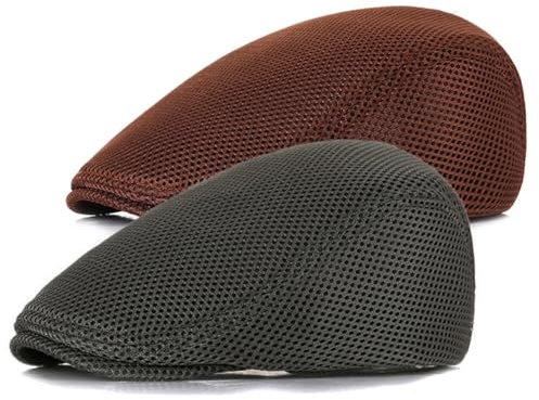 2PCS Sonnenhut Barett Cap Herren Sommer Atmungsaktive Mesh Hut, Schiebermütze Herren Damen,Unisex Beret Schirmmütze Flatcap Sportmütze Gatsby Newsboy Cap Baskenmützen Golfermütze, Größe 56cm-58cm