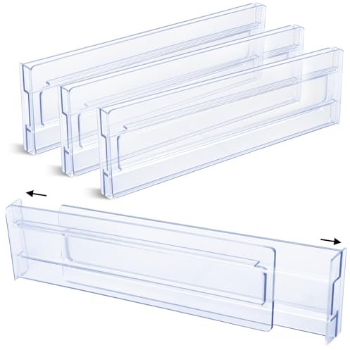 Friedwohl Kunststoff Schubladentrenner Verstellbar 4er-Set (27,6-52,7cm), Transparente Schubladenteiler, Schubladen Organizer für Küchenspeicher, Schlafzimmer, Kommode, mit doppelseitigem Klebeband