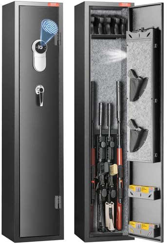 VEVOR Armoire à 5 Fusils, Coffre-Fort pour Armes à Feu 2 Façons de Verrouillage Empreinte Digitale et Clés, avec Étagère Amovible et Support pour Pistolets, pour Rangements des Armes Longues, Domicile