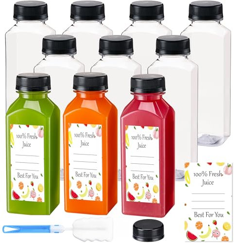 Juice Bottles with Caps 10Pcs 12oz, Plastic Bottleswith Caps, Clear Reusable Water Bottle, Used for Juicing Bottles, Smoothie Bottle, Juice Containers - with 10Pcs Labels & Bottle Brush