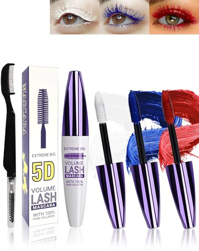 Wimperntusche Weiß blau rot, White Blue Red Telescopic Waterproof Mascara | 5D Seidenfaser Wimpern Wimperntusche Wasserfest Mascara,Verlängerndes,Voluminöses,Langlebiges,Cosplay Party Bunt Augen Makeup