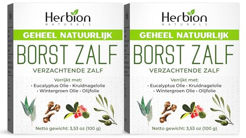 Herbion Naturals Chest Rub, Natuurlijke Kalmerende Zalf, Verstopping van de Borst, Vermindert Spierpijn, Volwassenen en Kinderen vanaf 2 jaar, 3.53 Oz Pakje van 2