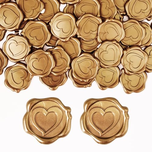 CoKeeSun 50 Stück Goldene Wachssiegel Selbstklebend, Herz | Siegelaufkleber Hochzeit, Briefsiegel, Aufkleber Vintage Dekoration für Einladungen, Umschläge, Geburtstage & Partys