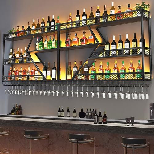 AKOGG Metal Wine Rack Wall Mounted With Hanging Wine Glass Holder,Bar Shelf Wall Mounted,Floating Bar Shelves,Liquor Shelf,Wall Wine Rack,Wine Storage Racks For Kitchen Living Room,Black/Gold(Black,15