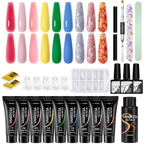 VANREESA Kit Uñas de Gel, Flash Rojo Rosa Amarillo Gel de Extensión de Uñas Completo Set con Base Top Coat Slip Solución, Lima de Uñas