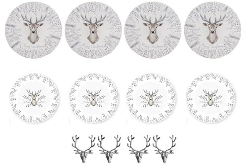 YöL Set Of 4 Christmas Charger Plates & 4 Stag Head Napkin Rings White And Grey Stag Design Xmas Lunch Dinner Table Decoration Serviette Holders