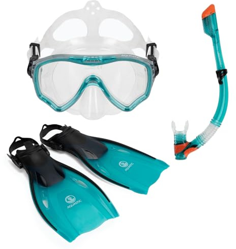 AQUASTIC Jetty Kit de plongée 3 en 1 pour Adulte - Masque de plongée avec sifflet et Palmes - Taille 43/46 - Couleur : Bleu Clair - Masque de plongée avec Verre trempé et Silicone hypoallergénique