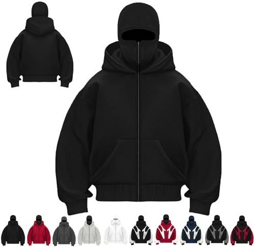 Balaclava Hoodie Dragkedja, Vinter Vindtålig Herr Luvtröjor Balaclava Double Hooded Fleece Zip Jacka Med Mask(Black,S)