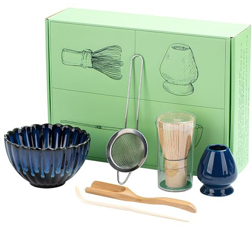 QUTBAG Juego de batidores Matcha de 6 piezas, batidor de bambú hecho a mano, cuchara para té tradicional, cuchara Matcha y soporte para batidor de cerámica, regalos de Matcha de cerámica esmaltada A