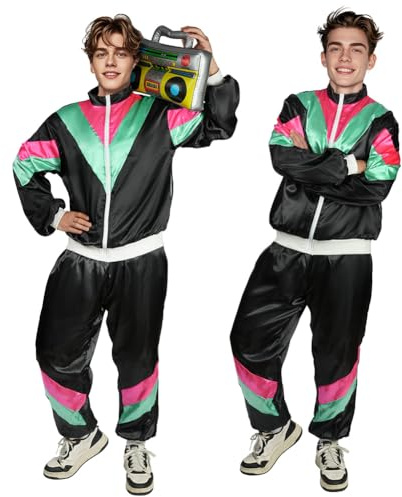 AYBUY 80er 90er Jahre Outfit Herren, 9-teiliges Disco Kostüm Herren | 80er Jahre Kleidung Set aus Hemd, Hose und Hut, Hip Hop Kurzarmshirt für Rollenspiele, Rave-Partys, Halloween, Karneval
