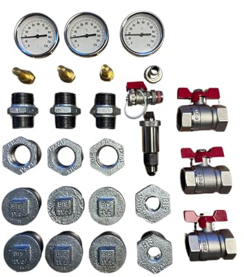 Pufferspeicher Anschlussset 5 Verzinkt, 3 Steckthermometer 0-120°C, 3 Kugelhähne, Entlüftungsventil, KFE-Hahn, Montagezubehör