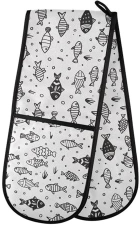 Ofenhandschuhe, doppelte Ofenhandschuhe, Kritzelei-Fische, weiß, hitzebeständig, gesteppt, für Grillen, Backen, Küche, Kochen, Handschuhe