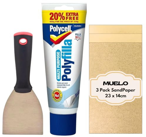 Polycell Polyfilla Ready Mixed Tube 396g All Purpose Filler Interior Exterior Plaster Wood Stone Cracks Holes Smooth Filler For Walls With Muelo Metal Wall Filler Tool 3 and 3 Mixed Grit Sandpapers