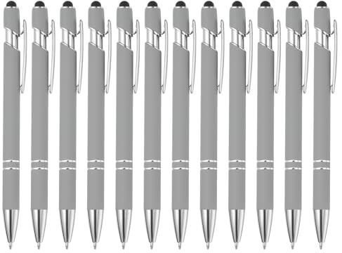 PATIKIL Ballpoint Pen with Stylus Tip, 12Pcs 2 in 1 Metal Stylus Pen Black Ink 1.0mm Medium Point for Touch Screens Style 3, Light Gray