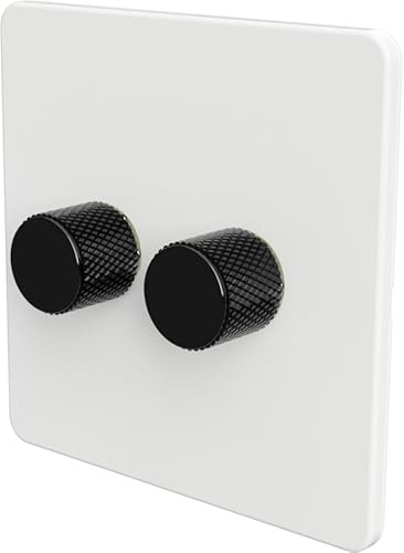 LED Dimmer Switch [Metal Knob/Plastic faceplate] 2-way Rotary Push On/Off for Dimmable LED and Halogen Lights, minimum brightness adjustable - White/Black 2-Gang