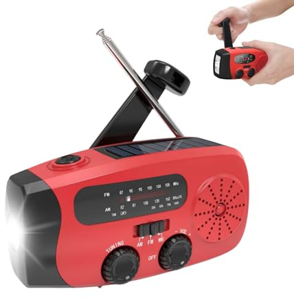 Linterna de manivela Recargable con energía Solar, Linterna LED de Emergencia con Carga USB, Radio portátil para Camping y Uso Exterior
