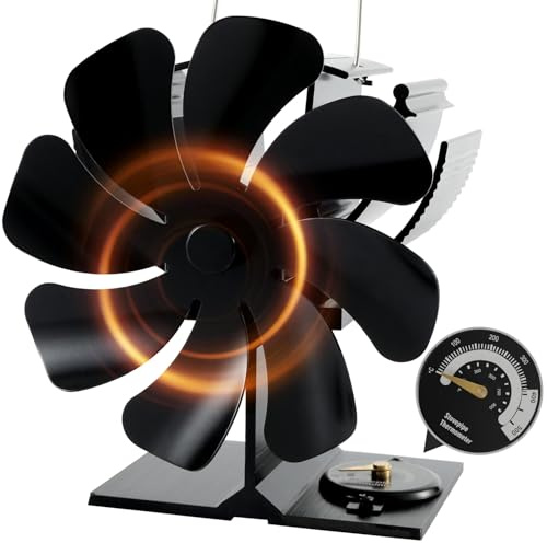 Tomersun 8 Blades Log Burner Stove Fan Wood Burner Heat Powered Fire Fans with Temp Reminder Thermometer for Fireplace/Wood Burning Stove/Log Burner