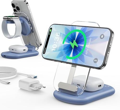Ladestation Apple Watch und iPhone Kompatibel mit Mag Safe Ladegerät Blau | iPhone Ladestation für iPhone 17e/Air-12 Serie,15W Wireless Charger für Induktive Ladestation,Nachtlicht,faltbar,Portable