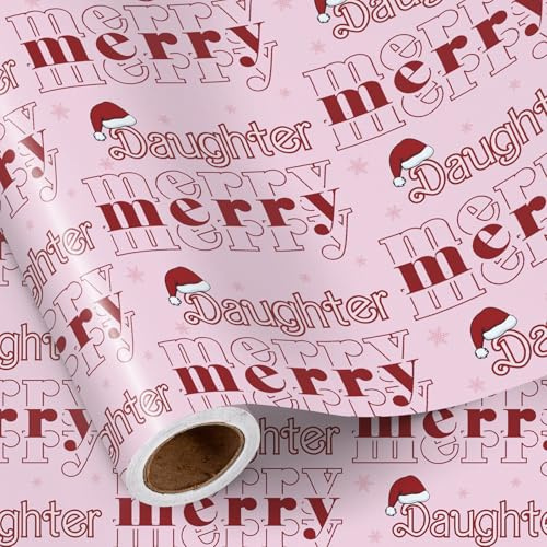 RUSPEPA Weihnachtsgeschenkpapierrolle für Tochter, rosa „Merry Daughter“-Schriftzug, Weihnachtsmütze und Schneeflocken-Design, festliches Geschenkpapier für Mädchen, Kinder und Teenager, 43,2cm x 5m