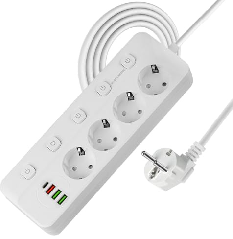 Lotvic Steckdosenleiste Einzeln Schaltbar, 4 Fach Mehrfachsteckdose mit 3 USB A & 1 USB C, Verteilersteckdose mit 2M Verlängerungskabel, überspannungsschutz für Zuhause Büro Hotel, Weiß