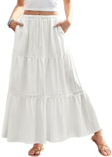 DJT Rock Damen Spitzenbesatz Boho Maxirock Elastisch Taille Casual A-Line Elegant Lang Röcke mit Taschen