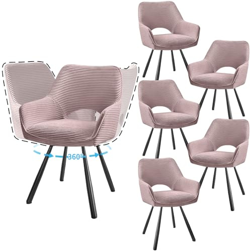 JIJIAN 6er Set 360° Drehbare Esszimmerstühle mit Armlehnen, Rosa | Drehbar Stühle Esszimmer mit Metallbeinen, Moderner Küchenstuhl aus Cord, Polsterstuhl für Esszimmer, Küche, Wohnzimmer