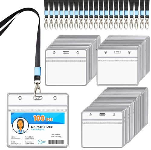 HIMOMO Porte Badge, 100PCS Porte Carte Avec Cordon, Porte Badge Horizontal,Transparent Plastique Porte Carte Tour De Cou, Pour Aux Expositions, Conférences, écoles, Bureaux, étudiants