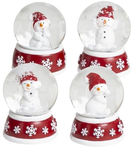 4 x süße Mini-Schneekugeln Nostalgie | Schneemann auf Sockel rot weiß | Winterschal Wichtelgeschenk | Durchmesser 45mm 090-7914abcd