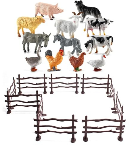 UJBVCX Animales de Juguete, 12 Piezas Figuras de Animales de Granja Realistas, con 10 Valla Desmontable, Juego Educativos Niños