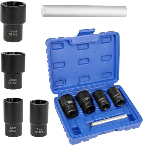 JAMHEXOU 1/2” Drive Impact Bolt Nut Extractor Set, 5pcs Locking Wheel Lug Nut Remover Kit 17mm 19mm 21mm 22mm Twist Socket Tool Set Including a Punch Rod