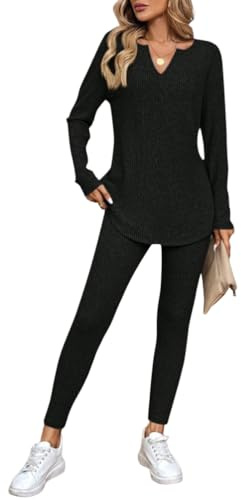 shownicer Femme Ensembles Pantalon 2 Pieces Décontractée Loungewear Manches Longues Tricoté Top Et Leggings Ensemble Jogging Tenue De Sport Casual Outfit Set Automne Hiver A Noir S