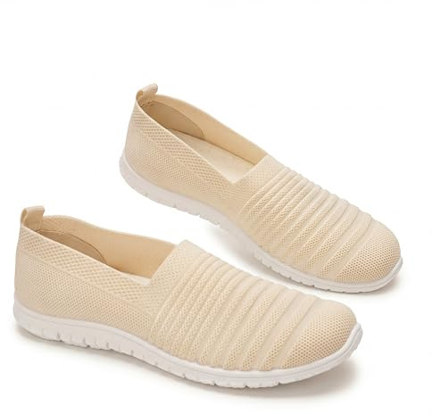 GLAMORA Zapatillas Slip On Transpirables para Mujer, Calzado Deportivo Ligero sin Cordones de Punto Flexible, Zapato Casual Moda Verano Antideslizante, Sneakers Cómodas Ultraligeras beige-40