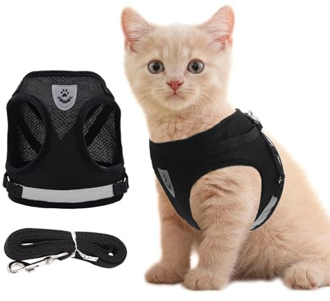 Anlitent Soft Mesh No Pull Cat Harness and Lead Set for Walking, Escape Proof Kitten Vest Harnesses for Small Dogs/Cats/Animals Rabbit, Cool Cat Dog Collar with Leash (Black, Small)