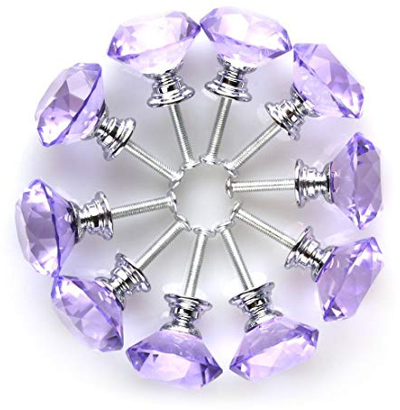 MAIKEHOME Purple Crystal Knobs, 10 X 30MM Acrylic Glass Diamond Cut Cabinet Door Drawer Knob Kitchen Dresser Wardrobe Pull Handle with Screws for Home Decorating