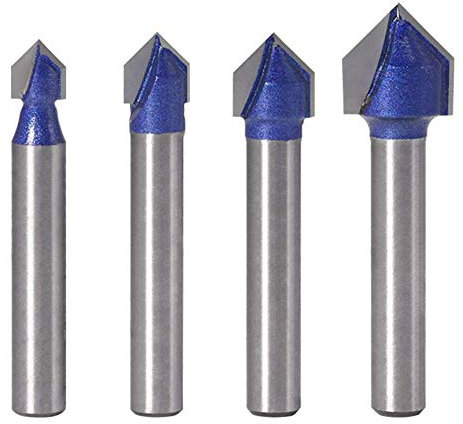 Bestgle 4pcs 1/4 Shank Industrial Grade 90 Degree V Groove Router Bit Set CNC Engraving V Grooving Cutter Woodworking Tool 1/4, 5/16, 3/8, 1/2