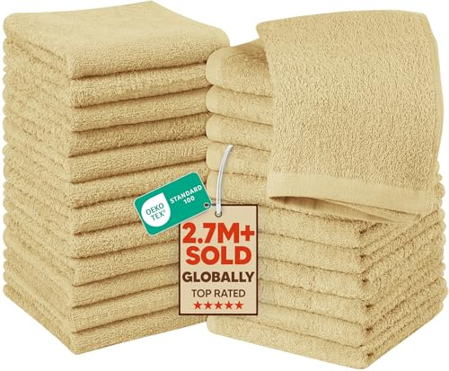 Utopia Towels 24 Pack Cotton Washcloths Set, 100% Ring Spun Cotton, Premium Quality Flannel Face Cloths, Highly Absorbent and Soft Feel Fingertip Towels, Beige