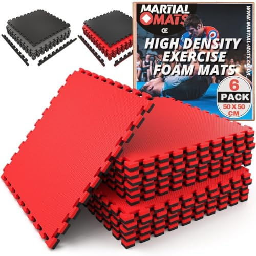 MARTIAL MATS Wendbare Schaumstoff-Bodenmatten, 2 cm, 50 x 50 cm, ineinandergreifende EVA-Bodenbeläge für Fitnessstudio, 6 Fliesen, wasserdichte Matten für Schwimmbad, Whirlpool (rot/schwarz wendbar)