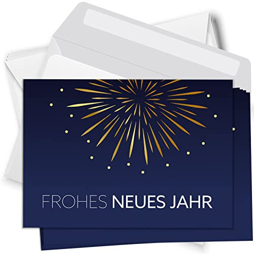 Einladungskarten Manufaktur Hamburg 10 Neujahrskarten mit Umschlag - Frohes Neues Jahr - Motiv Grafisch Feuerwerk - Silvester Neujahr Postkarten Karten Grußkarten