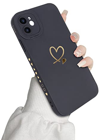Newseego Kompatibel mit iPhone 11 Hülle, Niedliche Gold Liebesherzform Muster Weiche Flüssigsilikon Handyhülle iPhone 11 Kleinen Herzen auf der Seite Stoßfeste Schutzhülle für iPhone 11-Schwarz