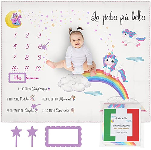 ANDY & HELEN Coperta Mesi Neonato 100% Cotone Made in Italy con Segnamesi - 103x135cm - Unicorno