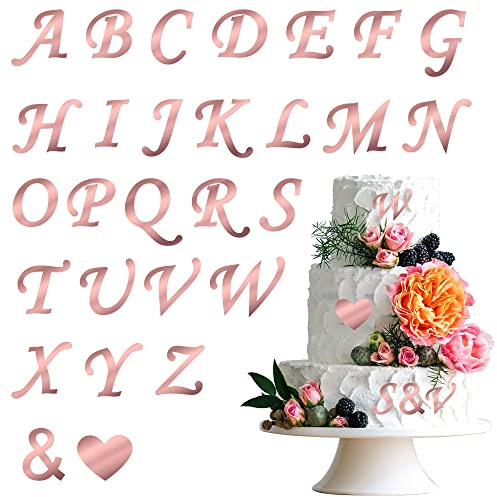 Gyufise Cupcake-Topper aus Acryl, Alphabet, mit A-Z, Buchstaben-Picker für personalisierte Namen, Kuchendekorationen, Jahrestag, Babyparty, Partyzubehör, verspiegelt, Roségold, 28 Stück